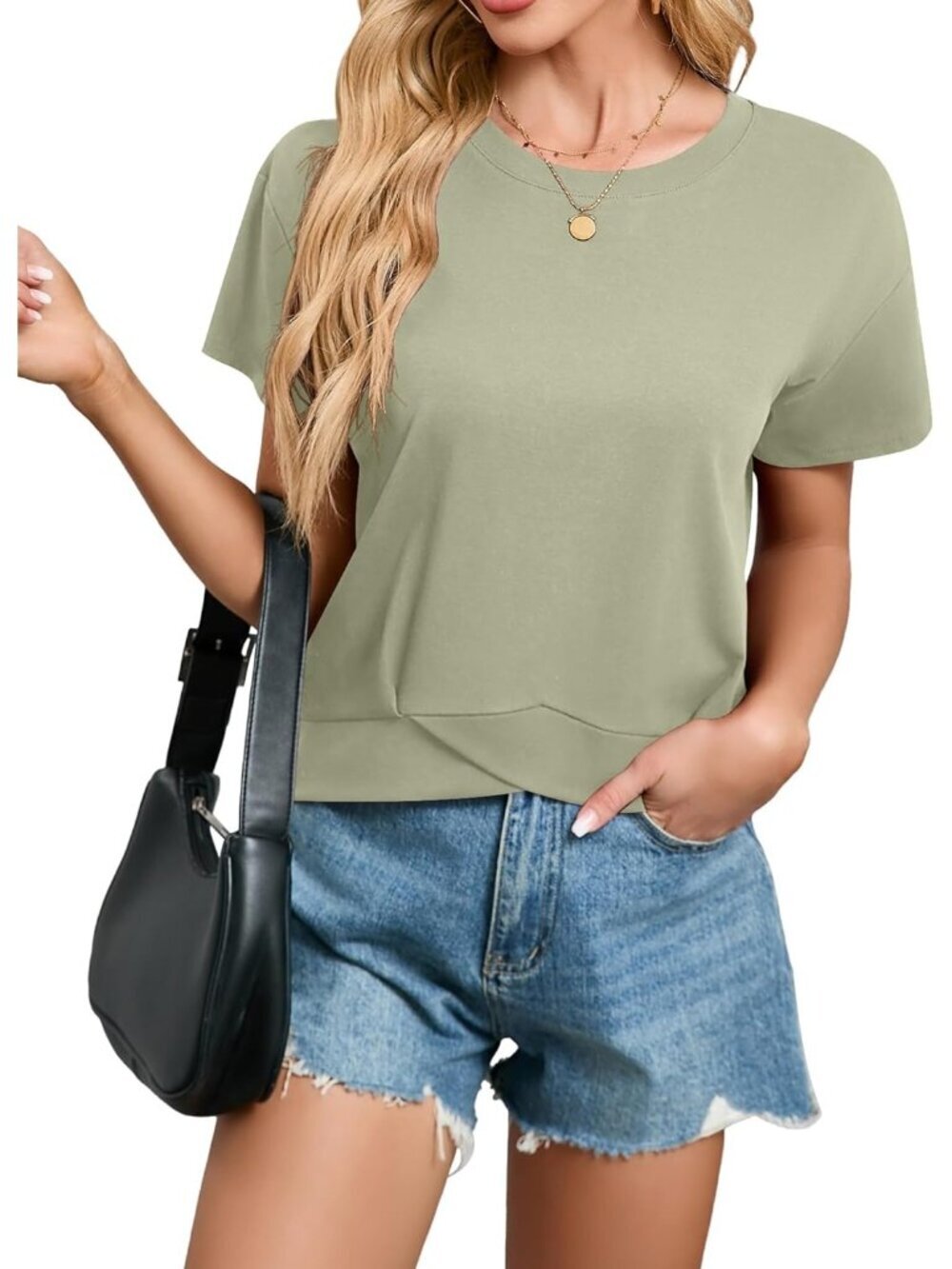 Women's Army Green Short Sleeve Casual Boxy Workout Loose Fit Basic Crop Tops